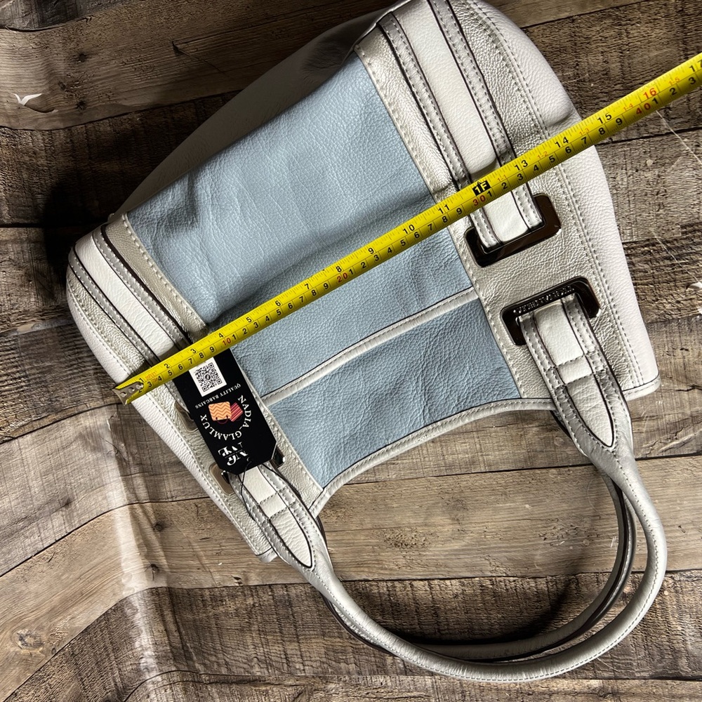 TIGNANELLO Silver Blue Colorblock Leather Satchel Shoulder Bag Belt Accents - Picture 16 of 16